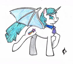 Size: 1457x1285 | Tagged: safe, artist:assertiveshypony, imported from derpibooru, rainbow wishes, bat pony, pony, unicorn, vampire, vampire bat pony, bat wings, clothes, drawing, fangs, female, race swap, simple background, slit eyes, slit pupils, species swap, traditional art, white background, wings