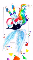 Size: 2141x3806 | Tagged: safe, artist:liaaqila, imported from derpibooru, rainbow dash, human, equestria girls, eyes closed, falling with style, female, flying, humanized, marker drawing, ponied up, solo, spread wings, traditional art, wings