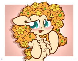 Size: 3250x2560 | Tagged: dead source, safe, artist:kimjoman, artist:php142, artist:purpleflix, imported from derpibooru, pear butter, earth pony, pony, bipedal, blushing, chest fluff, cute, female, flower, flower in hair, mare, messy mane, open mouth, pearabetes, raised hoof, solo