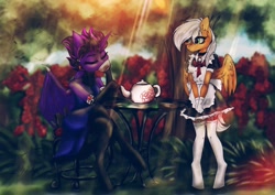 Size: 1908x1348 | Tagged: safe, artist:choco_pie, artist:drakekok, imported from derpibooru, oc, oc only, oc:cassiopeia, oc:takhisis, alicorn, anthro, pegasus, unguligrade anthro, unicorn, alicorn oc, blurred background, blurry background, chair, choker, clothes, collar, cottagecore, couple, crossed legs, cup, cute, dragon wings, dress, duo, eyes closed, flower, food, garden, gloves, green eyes, horn, maid, mistress, nature, purple fur, rose, servant, socks, stockings, table, tea, teapot, thigh highs, white mane, wings