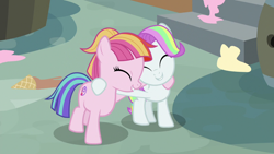 Size: 1280x720 | Tagged: safe, imported from derpibooru, screencap, coconut cream, toola roola, earth pony, pony, fame and misfortune, season 7, ^^, cute, duo, duo female, eyes closed, female, filly, foal, happy, hug, multicolored mane, multicolored tail, roolabetes, smiling, tail