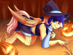 Size: 2000x1500 | Tagged: safe, artist:shadowreindeer, imported from derpibooru, oc, oc only, oc:animatedpony, anthro, pegasus, unguligrade anthro, clothes, commission, female, halloween, hat, holiday, jack-o-lantern, pumpkin, scarf, solo, tongue out, witch hat, your character here