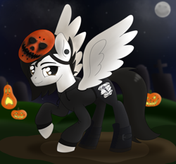 Size: 2127x1974 | Tagged: safe, artist:dyonys, imported from derpibooru, oc, oc only, oc:motionless white, pegasus, pony, boots, chris cerulli, clothes, halloween, holiday, hoodie, jack-o-lantern, male, mask, moon, motionless in white, nightmare night, pants, pumpkin, shoes, solo, stallion, wings