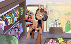 Size: 2001x1251 | Tagged: safe, artist:69beas, imported from derpibooru, oc, oc only, oc:ravena, pegasus, pony, clothes, cloudsdale, dress, female, hat, mare, shopping, solo, store, unamused, wings