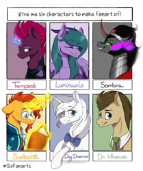 Size: 1080x1290 | Tagged: safe, artist:sugar0612, imported from derpibooru, doctor whooves, king sombra, sunburst, tempest shadow, time turner, oc, oc:day dreamer, oc:luminauris, dracony, dragon, earth pony, hybrid, pony, unicorn, six fanarts, :p, book, bow, broken horn, bust, curved horn, eyes closed, female, glasses, glowing horn, hair bow, horn, magic, male, mare, smiling, sombra eyes, sparking horn, stallion, telekinesis, tongue out, unicorn oc