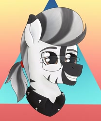 Size: 1707x2053 | Tagged: safe, artist:dyonys, imported from derpibooru, oc, oc only, oc:nik, pony, zebra, bust, clothes, glasses, male, ponytail, shirt, smiling, solo, stallion