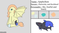 Size: 1280x720 | Tagged: safe, artist:schumette14, imported from derpibooru, oc, oc only, oc:epiphyllum, bat pony, pony, next generation, offspring, parent:fluttershy, parent:rockhoof, parents:flutterhoof, parents:rockshy, reference sheet