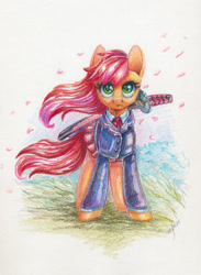 Size: 1200x1635 | Tagged: safe, artist:maytee, imported from derpibooru, roseluck, earth pony, pony, clothes, colored pencil drawing, katana, petals, solo, sword, traditional art, weapon