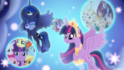 Size: 4444x2500 | Tagged: safe, artist:limedazzle, imported from derpibooru, applejack, fluttershy, pinkie pie, princess luna, rainbow dash, rarity, spike, starlight glimmer, twilight sparkle, alicorn, pony, the last problem, crying, crying on the outside, dream orbs, group hug, high res, hug, mane six, princess twilight 2.0, retired, sad smile, show accurate, tears of joy, twilight sparkle (alicorn)