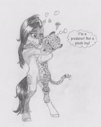 Size: 2123x2669 | Tagged: safe, artist:joestick, imported from derpibooru, oc, oc only, earth pony, pony, bipedal, earth pony oc, heart, hug, monochrome, standing on two hooves, thought bubble, traditional art