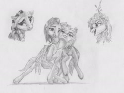 Size: 3000x2241 | Tagged: safe, artist:joestick, imported from derpibooru, oc, oc only, earth pony, pegasus, earth pony oc, hug, looking at you, monochrome, nuzzling, pegasus oc, piercing, traditional art, winghug, wings