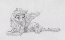 Size: 2011x1236 | Tagged: safe, artist:joestick, imported from derpibooru, oc, oc:cloud-up, pegasus, bedroom eyes, monochrome, pegasus oc, spread wings, traditional art, wings