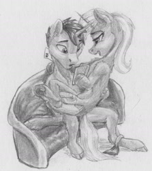 Size: 1626x1823 | Tagged: safe, artist:joestick, imported from derpibooru, trixie, oc, pony, unicorn, card, couch, horn, monochrome, sitting on, sitting on lap, sitting on person, sitting on pony, traditional art, unicorn oc