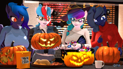 Size: 1920x1080 | Tagged: safe, artist:anthroponiessfm, imported from derpibooru, oc, oc only, oc:audina puzzle, oc:aurora starling, oc:midnight music, oc:wavelength, anthro, bat pony, 3d, anthro oc, bat pony oc, bat wings, beanie, candy, clothes, cute, food, glasses, halloween, hat, heterochromia, holiday, pumpkin, sweater, wings, witch hat