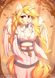 Size: 2112x3008 | Tagged: safe, artist:fensu-san, imported from derpibooru, oc, oc only, oc:star nai, alicorn, anthro, alicorn oc, autumn, eyebrows, eyebrows visible through hair, eyelashes, female, horn, looking at you, open mouth, outdoors, solo, wings