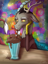 Size: 768x1024 | Tagged: safe, artist:delfinaluther, imported from derpibooru, discord, draconequus, abstract background, chaos, cute, discute, drinking, male, milkshake, solo