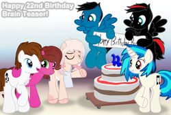 Size: 6894x4668 | Tagged: safe, artist:agkandphotomaker2000, imported from derpibooru, dj pon-3, vinyl scratch, oc, oc:arnold the pony, oc:brain teaser, oc:daisy cakes, oc:pony video maker, oc:rose bloom, deer, deer pony, earth pony, original species, pegasus, pony, unicorn, banner, birthday, birthday cake, birthday card, brainbloom, cake, candle, canon x oc, cart, female, flying, food, male, oc x oc, red and black mane, red and black oc, shipping, show accurate, simple background, straight, videoscratch