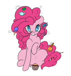 Size: 2042x2176 | Tagged: safe, artist:solardoodles, imported from derpibooru, pinkie pie, earth pony, pony, candy, candy cane, cupcake, food, simple background, sitting, smiling, solo, transparent background