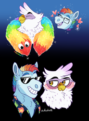 Size: 1500x2023 | Tagged: safe, artist:owlcoholik, imported from derpibooru, hippogriff, pony, bald face, blaze (coat marking), blushing, coat markings, facial markings, feather boa, interspecies offspring, magical lesbian spawn, offspring, parent:gilda, parent:rainbow dash, parents:gildash, sunglasses