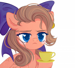 Size: 700x636 | Tagged: safe, artist:heidi, imported from derpibooru, oc, oc only, oc:bolt t. sky, pegasus, pony, blush sticker, blushing, bow, bust, commission, cup, hair bow, heart eyes, hoof hold, pegasus oc, simple background, solo, teacup, transparent background, wingding eyes, wings, ych result