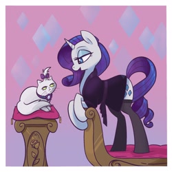 Size: 2048x2048 | Tagged: safe, artist:pfeffaroo, imported from derpibooru, opalescence, rarity, cat, pony, unicorn, bed, clothes, duo, female, leaning, lidded eyes, looking at each other, mare, nightgown, open mouth, pillow, profile, socks, stockings, talking, thigh highs