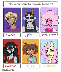 Size: 1700x2000 | Tagged: safe, artist:ramerooni, imported from derpibooru, fluttershy, human, pegasus, pony, vampire, six fanarts, adventure time, amphibia, anne boonchuy, bust, clothes, crossover, dark skin, equius zahhak, female, gem (race), homestuck, leaves, leaves in hair, male, marceline, mare, pink diamond (steven universe), sally face, school uniform, smiling, steven universe, stick, stick in hair, sunglasses, travis phelps, troll (homestuck)