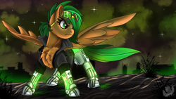 Size: 3840x2160 | Tagged: safe, artist:brainiac, derpibooru exclusive, imported from derpibooru, oc, oc only, oc:atom smasher, cyborg, pegasus, pony, the sunjackers, cybernetic legs, female, mare, solo