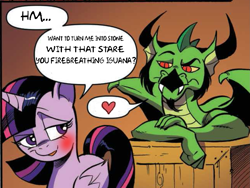 Size: 642x482 | Tagged: safe, artist:andypriceart, edit, idw, imported from derpibooru, blacktip, twilight sparkle, alicorn, dragon, spoiler:comic61, blushing, comic, female, heart, male, shipping, smuglight sparkle, speech bubble, straight, text, text edit, twilight sparkle (alicorn), twitip