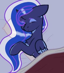 Size: 749x859 | Tagged: safe, artist:lacey.wonder, imported from derpibooru, princess luna, alicorn, pony, blanket, female, mare, sleeping, solo