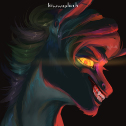 Size: 3000x3000 | Tagged: safe, artist:kiwwsplash, imported from derpibooru, oc, oc only, earth pony, pony, black background, bust, earth pony oc, glowing eyes, grin, male, simple background, smiling, solo, stallion