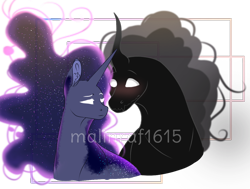 Size: 1110x841 | Tagged: safe, artist:malinraf1615, imported from derpibooru, pony of shadows, tantabus, pony, unicorn, blushing, ear fluff, ethereal mane, male, shipping, simple background, starry mane, tantashadow, transparent background, watermark