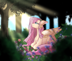 Size: 1548x1308 | Tagged: safe, artist:punkskunks, imported from derpibooru, fluttershy, pegasus, pony, crepuscular rays, cute, flower, forest, shyabetes, solo, tree