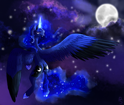 Size: 1548x1308 | Tagged: source needed, safe, artist:punkskunks, imported from derpibooru, princess luna, alicorn, pony, female, full moon, glowing horn, hoof shoes, horn, mare, moon, night, solo, two toned wings, wings