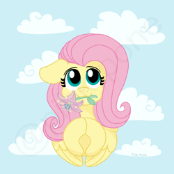 Size: 4000x4000 | Tagged: safe, artist:pink-pone, imported from derpibooru, fluttershy, pegasus, pony, beautiful, bust, cloud, cute, female, floppy ears, flower, flower in mouth, front view, full face view, hooves together, looking at you, mare, mouth hold, portrait, shyabetes, sky background, smiling, smiling at you, solo, wings