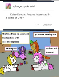 Size: 744x967 | Tagged: safe, artist:ask-luciavampire, imported from derpibooru, oc, pegasus, pony, unicorn, vampire, vampony, ask, ask ponys gamer club, ask-ponys-gamer-club, tumblr, uno