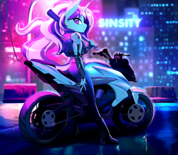 Size: 3100x2700 | Tagged: safe, artist:onifruit, imported from derpibooru, neon lights, rising star, oc, oc only, oc:amethyst aria, anthro, unicorn, amputee, baseball bat, boots, cyberpunk, high heel boots, high heels, motorcycle, ponytail, prosthetic arm, prosthetic limb, prosthetics, shadowrun, shoes, two toned mane