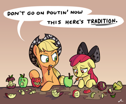 Size: 2951x2428 | Tagged: safe, artist:docwario, imported from derpibooru, apple bloom, applejack, pony, alternate accessories, apple bloom is not amused, apple carving, apple sisters, applejack's hat, carving, cowboy hat, duo, female, halloween, hat, holiday, jacktober, nightmare night, open mouth, pouting, pumpkin, pumpkin carving, ribbon, siblings, sisters, tradition, unamused, upset