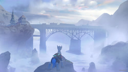 Size: 3840x2160 | Tagged: safe, artist:littlepolly, imported from derpibooru, oc, oc only, oc:flint, pony, unicorn, bridge, building, cloud, commission, fog, gun, half-life, half-life 2, high res, male, rifle, river, rock, scenery, scenery porn, signature, sky, solo, stallion, train, weapon