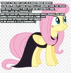 Size: 840x867 | Tagged: safe, edit, imported from derpibooru, fluttershy, pegasus, pony, scare master, clothes, cute, dress, encouragement, nightmare night, shyabetes, text, zalgo in the comments