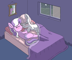 Size: 1184x995 | Tagged: safe, artist:heretichesh, imported from derpibooru, diamond tiara, oc, oc:lyrabop, earth pony, pony, bed, blushing, bust, canon x oc, cuddling, cute, duo, female, filly, hoof hold, in bed, moon, night, pillow, portrait, scrunchy face, sheet, shipping, smiling, tree, window