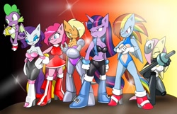 Size: 1112x718 | Tagged: safe, artist:tinker-tock, idw, imported from derpibooru, applejack, fluttershy, pinkie pie, rainbow dash, rarity, spike, twilight sparkle, anthro, dragon, earth pony, pegasus, unicorn, amy rose, archie comics, boots, breasts, bunnie rabbot, busty applejack, busty fluttershy, busty mane six, busty pinkie pie, busty rainbow dash, busty rarity, busty twilight sparkle, cleavage, crossover, eyes closed, high heel boots, high heels, latex, line-up, looking offscreen, mane seven, mane six, mashup, miles "tails" prower, rouge the bat, rubber, sally acorn, sega, shoes, sonic dash, sonic the hedgehog, sonic the hedgehog (series), sonicified, whisper the wolf, winged spike, wings