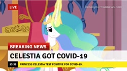 Size: 720x405 | Tagged: safe, edit, edited screencap, imported from derpibooru, screencap, princess celestia, break your own news, breaking news, coronavirus, covid-19, current events, donald trump, karma, op is a duck, politics, sad