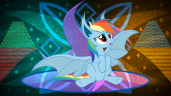 Size: 3840x2160 | Tagged: safe, artist:laszlvfx, artist:magister39, edit, imported from derpibooru, rainbow dash, bat pony, pony, bat ponified, female, high res, mare, open mouth, race swap, rainbowbat, sitting, solo, wallpaper, wallpaper edit