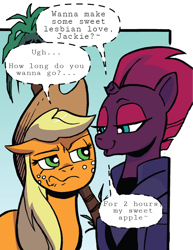 Size: 836x1084 | Tagged: safe, artist:andypriceart, edit, idw, imported from derpibooru, applejack, fizzlepop berrytwist, tempest shadow, earth pony, pony, unicorn, spoiler:comic90, applejack is not amused, broken horn, dialogue edit, female, horn, implied lesbian, implied sex, mare, official comic, season 10, unamused