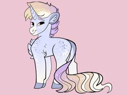 Size: 2800x2100 | Tagged: safe, artist:loryska, imported from derpibooru, oc, oc only, pony, unicorn, female, magical lesbian spawn, mare, offspring, parent:derpy hooves, parent:tempest shadow, parents:derpest, pink background, simple background, solo