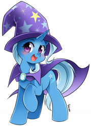 Size: 1000x1398 | Tagged: safe, artist:myufish, artist:nekoshiei, artist:ramivic, imported from derpibooru, part of a set, trixie, pony, unicorn, blushing, cape, cloak, clothes, commission, confident, cute, diatrixes, female, hat, looking at you, magician outfit, manga style, mare, one hoof raised, open mouth, raised hoof, simple background, smiling, solo, trixie's cape, trixie's hat, watermark, white background