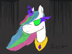 Size: 664x495 | Tagged: safe, artist:draw4lolz, imported from derpibooru, princess celestia, alicorn, pony, color change, correstia, corrupted, corrupted celestia, corruptia, dark celestia, dark magic, darkened hair, darklestia, female, gray background, magic, peytral, possessed, possessed celestia, possesstia, queen celestia, simple background, solo, sombra eyes, stray strand