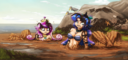 Size: 3400x1600 | Tagged: safe, artist:king-kakapo, imported from derpibooru, princess cadance, princess luna, human, mermaid, breasts, busty princess cadance, busty princess luna, crown, dripping, duo, humanized, jewelry, male, mermaid tail, mermaidized, mud, muddy, necklace, ocean, peril, quicksand, regalia, seashell bra, seaweed, shell, shell bra, species swap, stuck, sweat, trap, wet and messy