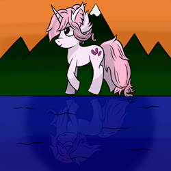 Size: 1000x1000 | Tagged: safe, artist:spiroudada, imported from derpibooru, oc, oc:violet crystal, unicorn, inktober 2020 custom, owner: mll mayobaka, reflection, river