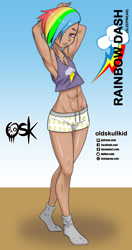 Size: 984x1860 | Tagged: safe, alternate version, artist:oldskullkid, imported from derpibooru, part of a set, rainbow dash, human, abs, arm behind head, armpits, belly button, clothes, dark skin, hair over one eye, humanized, looking at you, pajamas, piercing, skin, solo